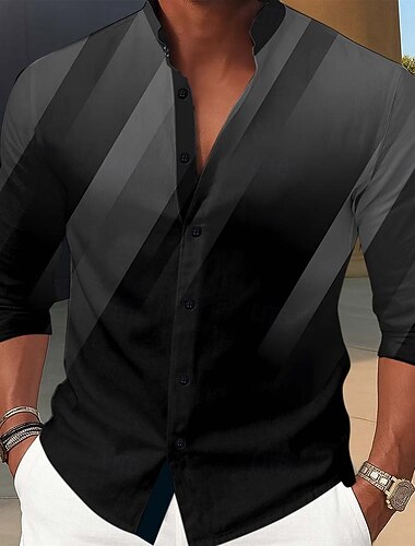  Herren Geometrisch Gestreift Farbverlauf Hemd Stehkragenhemd Langarm Modisch lässig Alltagskleidung Ferien Frühling Herbst Mandarinkragen Stehkragen 3D-Druck Hemden mit Knopfleiste Blau Burgunderrot