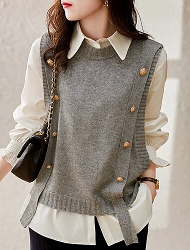  Dámské Svetr Svetrová vesta Módní Šik ven Na běžné nošení Pevná barva Tričkový Knoflíky Pletený Bez rukávů Běžné topy Plést Denní Dovolená Jdeme ven Černá Rubínově červená Jaro Podzim