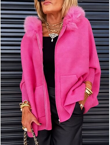  女性用 冬物コート パーカージャケット 快適 高通気性 ジッパー ポケット 毛皮の襟 カジュアル 平織り バケーション ストリート カジュアル デイリーウェア ジッパ－ ロング フード付き ルーズフィット 長袖 アウターウェア ブラック ホワイト フクシャ 春 秋