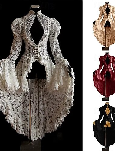  kanten ruche slipjas middeleeuwse renaissance vintage jurk dameskostuum vintage cosplay feestjurk met lange mouwen maskerade