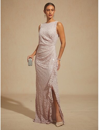  Dam Maxiklänning Sheath Dress Elegant Kvällsfest Bröllopsgäst Paljetter Spets Volang Normal Ensfärgat Ärmlös Båthals Blush Pink
