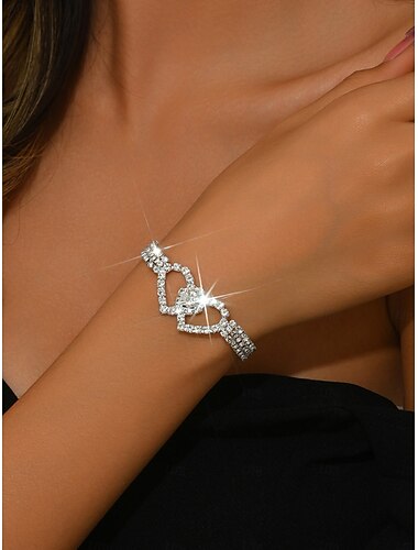  Damska lśniąca bransoletka w kształcie serca z kryształkami – elegancki wzór z ogniwami kryształowymi, delikatna, wyrazista biżuteria na nadgarstek na imprezy i wieczory &wydarzenia specjalne