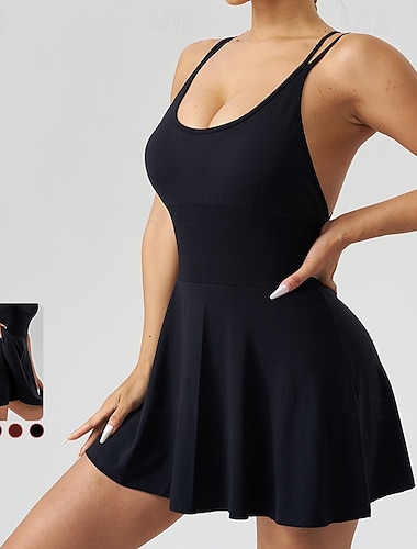  Mulheres Vestido de ioga Roupa esportiva Vestido de tênis Com shorts e sutiã embutidos Côr Sólida Blusas Verão Preto Branco Golfe Esportivo Pilates Compressão abdominal Sem Manga Esporte Roupas