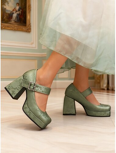  Gröna blommiga platåskor i konstläder med Mary Jane-spänne för kvinnor - vintageklackar från 1950-talet för formella tillfällen, fester och bröllop