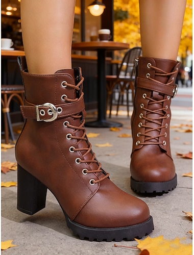  Женские коричневые ботильоны на шнуровке с пряжкой и массивным каблуком — удобные блочные каблуки для осени, уличной одежды и повседневных прогулок.