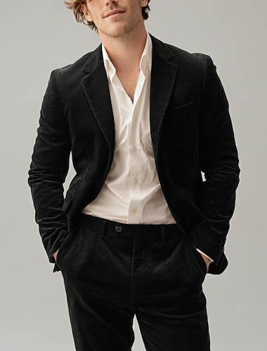  Мужской Повседневные Полуформальный Бархатный костюм Лацкан с тупым углом Черный Бордовый Повседневные На каждый день Однотонный Узкий крой Набор из 2 предметов Однобортный с 1 пуговицей