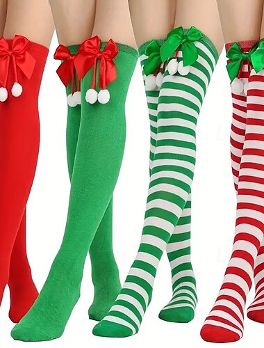 4 par julestrømper med lårhøye detaljer for kvinner, sløyfestrømper med pomponger og knestrømper, lange, ugjennomsiktige stripete sokker til høytidsfester, cosplay, jul, nyttår og valentinsdagen.