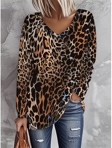  Dame T skjorte Trykt mønster Grafisk Leopard Årgang Mote Stilfull Langermet V-hals Vanlige topper Daglig Blå Vår Høst