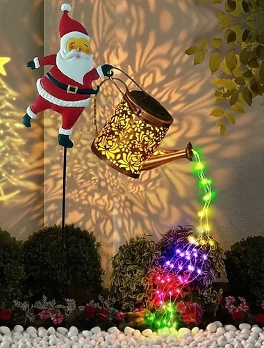  Рождественские солнечные огни для полива Санта-Клауса Винтажные металлические уличные садовые украшения Солнечный чайник для патио дорожки рождественские подарки
