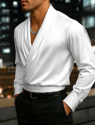  Per uomo Camicia Come la seta Camicia in raso Camicia elegante Camicia casual Camicia da Ballo Semplice Formale Matrimonio Nero Bianco Vino Blu marino Manica Lunga Scollo a V Tutte le stagioni