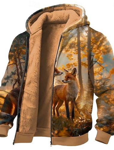  Per uomo Volpe Pile Felpa con Cappuccio Giacca di pelle Felpa Classico 3D Da caccia Girocollo All'aperto Campeggio Marrone Verde Marrone 2 Con zip Autunno Inverno progettista S M L XL 2XL 3XL