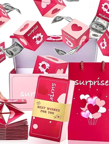  Coffret cadeau surprise explosif, boîte à surprise sautante pour anniversaires, Saint-Valentin, Noël, mariages, fêtes, coffret cadeau de luxe avec enveloppe rouge et explosion d'argent.