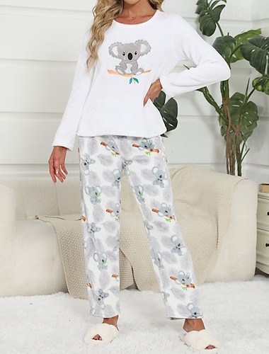  Damen Freizeitkleidung Schlafanzug Set Mode Lässig Cartoon Panda Kürbis Elastischer Bund Hose Urlaub Heim Langarm Rundhalsausschnitt Schwarz Weiß Orange Leicht Blau Herbst Winter Normale Passform