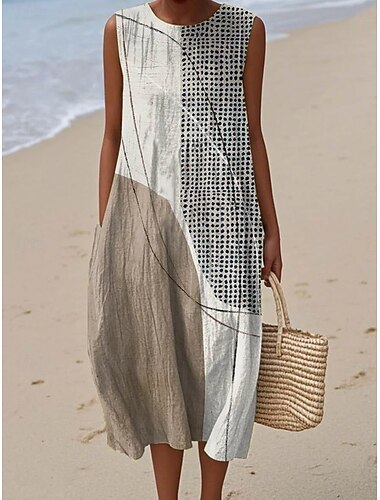  Robe midi en lin pour femmes robe de soleil robe à shift robe trapèze vacances décontractées boho sortie plage coupe ample graphique géométrique sans manches col rond rose rouge marron clair vert été