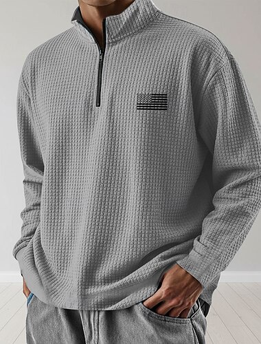  男性用 アメリカの米国旗 スウェットシャツ ファッション 日常 クラシック カジュアル スタンド クォータージップ アウトドア 家 オフィス ワーク ブラック ブルー ブラウン グリーン グレー ジッパーを閉める 秋 冬 デザイナー S M L XL XXL XXXL