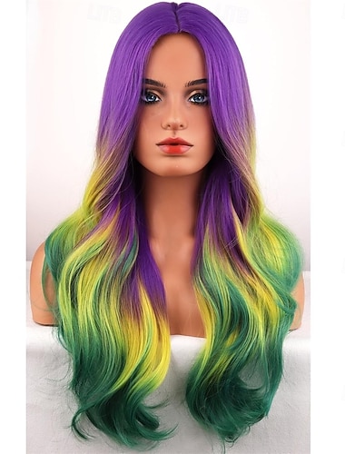 Perruque de carnaval Bleu Violet Blanc Bouclé Ondulé Long Perruque synthétique de festival Mardi Gras Parade Coiffure de costume de cosplay pour Femmes