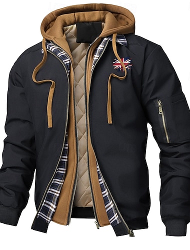  Herren Grafik Flagge UK Wintermantel Gepolstert Kapuzenjacke Thermowarm Sportlich Lässig Outdoor Alltagskleidung Reißverschluss Verstellbare Kordelzughaube Karofutterierte Oberbekleidung Herbst Winter