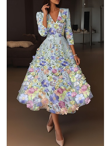  Ligne A Longueur cheville Robes de Cocktail Élégant ancien Floral Demi Manches Col en V Mariage Formel Robe Rose Satin Dentelle avec Broderie Poche