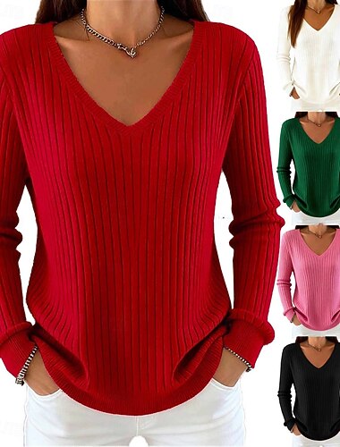  בגדי ריקוד נשים סוודר אלגנטית יום יומי רך צבע אחיד מצולע צווארון V סרוג שרוול ארוך חולצות רגילות לִסְרוֹג בָּחוּץ יומי סוף שבוע שחור לבן סתיו חורף