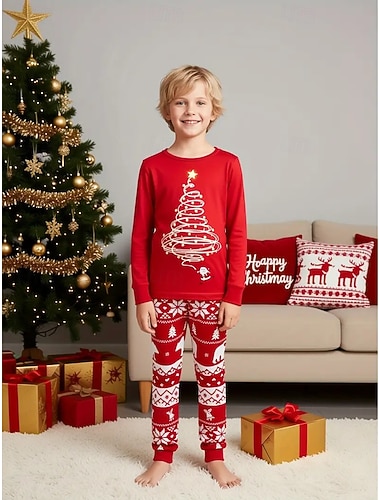  Navidad Chico 3D Graphic Árbol de Navidad Pijamas de Navidad regalo de Navidad Conjuntos de pijamas Manga Larga Impresión 3D Otoño Invierno Activo Básico Niños 4 años + Cuello Barco Hogar Diario