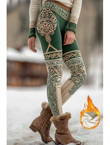  Női Viking Boho Flízzel Bélelt Leggings Vakáció Vintage Ethnic Stílus Teljes Hosszú Magas Derék Geometriai Mintázat 3D Nyomtatás Hőszigetelő Meleg Szélálló Kényelmes Rugalmas Napi Üdülés Sárga