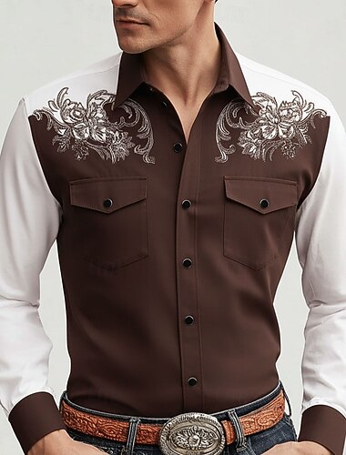  男性用 ペーズリー フラワープリント エスニック シャツ ウエスタンシャツ カウボーイシャツ 長袖 ヴィンテージレトロ カジュアル アウトドア 作業服 春 秋 折襟 フロントポケット2つ リネンライクシャツ ボタンアップシャツ アーミーグリーン パープル ブラウン ダークブルー グレー