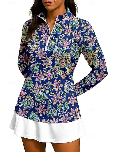  Dame Blomster Topper قميص Sportsskjorte POLO T-skjorte Langermet Glidelås Blomster UPF50+ UV-bestandig Høy Elastisitet Fukttransport Pustende Volleyball Tennis Golf Høy krage Glidelåskrage Skjorte