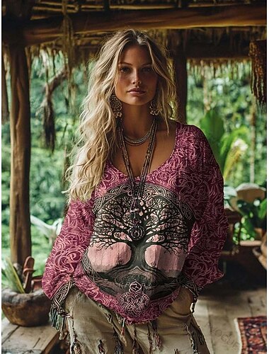  Women's Boho T-shirt Graphic Geometric Elegant Bohemia Tropical Long Sleeve V Neck Regular Tops Daily Going out Weekend 3D Print Pink Purple Orange Green Summer Spring Fall Winter