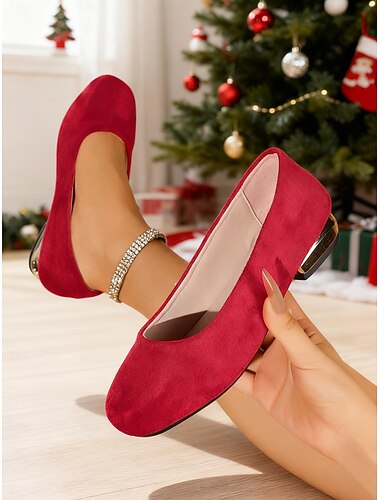  Pantofi sport roșii din piele întoarsă pentru femei cu toc metalic - pantofi comozi, fără slip-on, pentru activități casual, la serviciu și petreceri de Crăciun