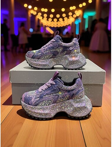  Dámské fialové tenisky na platformě s kamínky - třpytivé robustní taneční tenisky do nočního klubu, na pódiové vystoupení a na noční párty