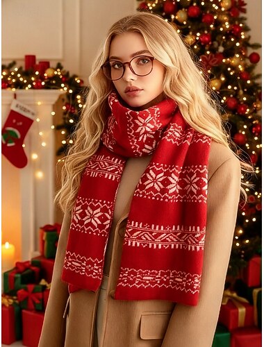  Julesnøfnuggstrikkskjerf til dame – akrylmateriale, festlig rødt og hvitt mønster, perfekt for vinterferier og julefeiringer