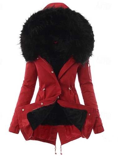  Női Télikabát Anorák Melegen tartani Kényelmes Cipzár Zseb Övvel Szőrme gallér Divat Alkalmi Sima Vakáció Utca Hétköznapi Hétköznapi viselet Hosszú Kapucni Normál Hosszú ujj Felsőruházat Fekete Rubin