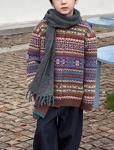  Barn Gutt Genser Grafisk Langermet Knapper utendørs Mote Brun Høst Klær 4-12 år