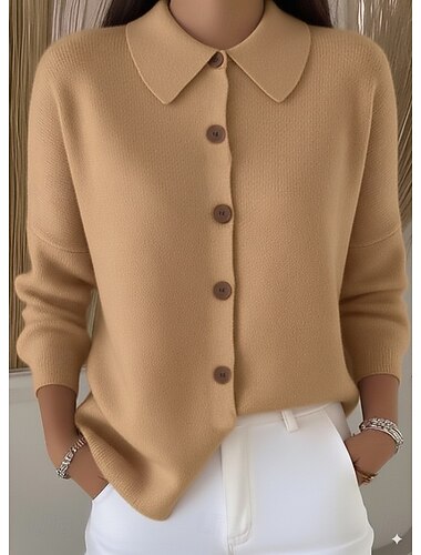  בגדי ריקוד נשים קרדיגן יומי צווארון חולצה כפתורים שרוול ארוך חולצות רגילות לִסְרוֹג עבודה חגים יין אדום שחור אביב סתיו