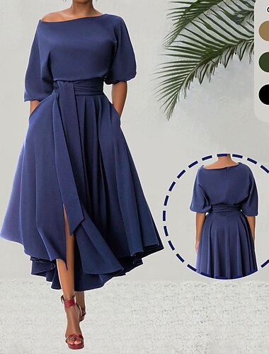  Dames Halflange jurk Schede jurk A lijn jurk Fit And Flare-jurk Off-the-shoulder jurk Feest Casual Boho Winter jurk Dagelijks Normale pasvorm Effen Halve mouw Schouderafhangend blauw bordeaux Oranje