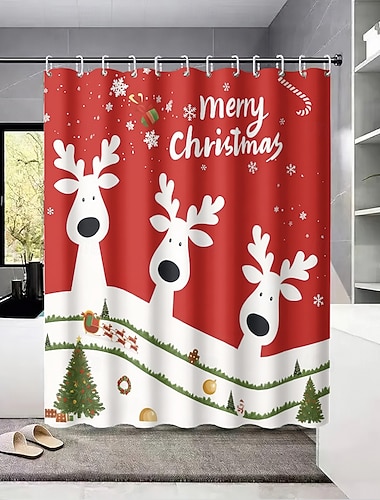  1 szt. 180x180 cm, świąteczna zasłona prysznicowa z reniferem – artystyczny obraz akwarelowy, szybkoschnąca poliestrowa zasłona wisząca do łazienki, do dekoracji domu