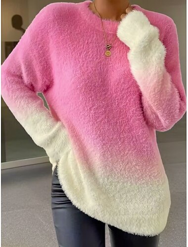  Naisten Neulos Pusero Tyylikäs Muoti Vapaa-aika Kuvitettu Väri kaltevuus Tiukka pyöreä kaula-aukko Painettu Pitkähihainen Tavalliset topit Neuloa Päivittäin Viikonloppu Punastuvan vaaleanpunainen