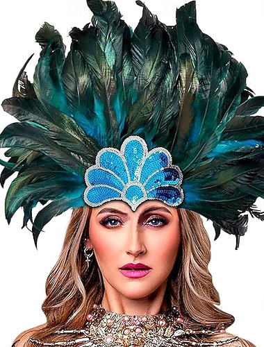  Karneval 2026 Rio Karneval Samba Tilbehør Karneval Fjær Hodepynt Kvinner - Sekvens Påfugl Blå  Grønn Kostyme Hodepynt - Brasil Festival Performance Kostyme