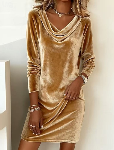  女性用 ミディドレス シースドレス ボディコンドレス パーティー 誕生日 カクテル クリスマス 日常 レギュラー 平織り 長袖 クルーネック ブルー シルバー ワインレッド ブラック 秋 冬