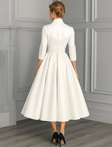  A-linje Te-lengde Cocktail Kjole Langermet V-hals Elegant Årgang Fest Polyester Kjole til brudens mor med Plissert