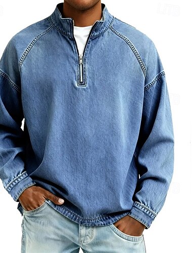  Homme T-shirt Chemise à Manches Longues manche longue Zip quart Printemps Automne Couleur Unie ancien Mode Streetwear Fermeture éclair Délavé Occasionnel Extérieur Vacances Noir Rose bleu marine