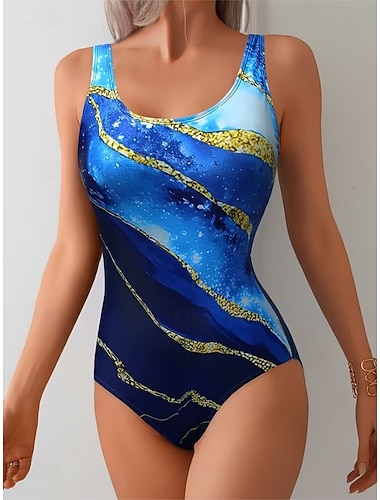  Damen Einteiler Badeanzug Schlankheits Slips Strandbekleidung Sommer Grafik Gestreifter U-Ausschnitt ärmellose Badeanzüge