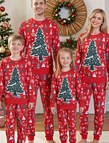  Famille Noël Pyjama de Noël en famille Pyjamas Ensembles de famille Graphique Arbre de Noël Maison Imprimé Rouge manche longue Quotidien Tenues assorties