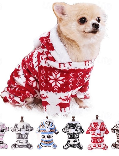  بيجامة كلاب عيد الميلاد - حمراء &بذلة رنة بيضاء بنقشة رقاقات الثلج للحيوانات الأليفة - ملابس مريحة من الفلانيل للعطلات للكلاب الصغيرة