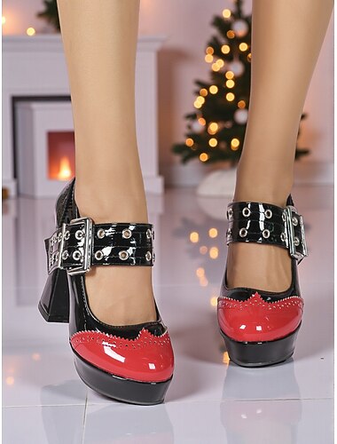  Γυναικείες μαύρες και κόκκινες γόβες Mary Jane από λουστρίνι με τακούνι πλατφόρμας – ρετρό ροκ στυλ δεκαετίας του 1980, ιδανικές για χριστουγεννιάτικα πάρτι, εορταστικές εκδηλώσεις και βραδινές εξόδους