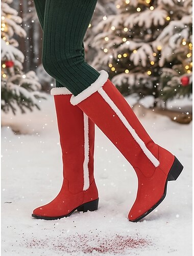  Damskie czerwone kozaki zamszowe do kolan – eleganckie zimowe buty z podszewką z koziej skóry, idealne na świąteczne stylizacje, spacery w chłodne dni i świąteczne spotkania