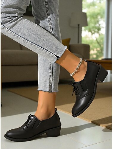  Svarte damesko med snøring og lav blokkhæl – klassisk avslappet stil, perfekt for kontorbruk, daglige utflukter og uformelt antrekk i helgen.