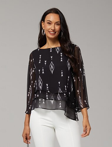  Damen Bluse Schwarz Blumen 3/4 Arm Locker Rundhals Casual Elegant Urlaub Frühling Sommer Herbst