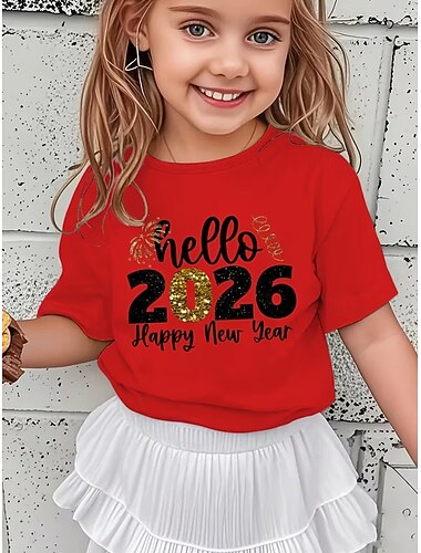  Jente 2026 nyttårsfest 3D-grafikk bokstaver t-skjorte kortermet 3D-trykk sommer vår sport mote gateklær barn 4-12 år rund hals utendørs avslappet daglig normal passform