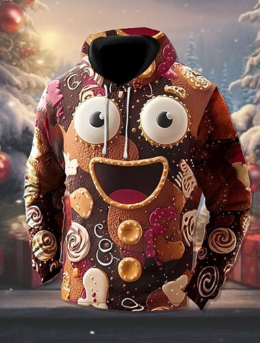  Noël Homme Graphique Emoji bonhomme en pain d'épice Sweat à capuche Sweat à capuche imprimé Mode Streetwear Vacances Occasionnel À capuche Sortir Festival Marron Impression 3D Printemps Automne